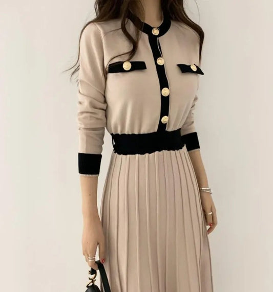 Long Sleeve O-neck  Pleated Dresses