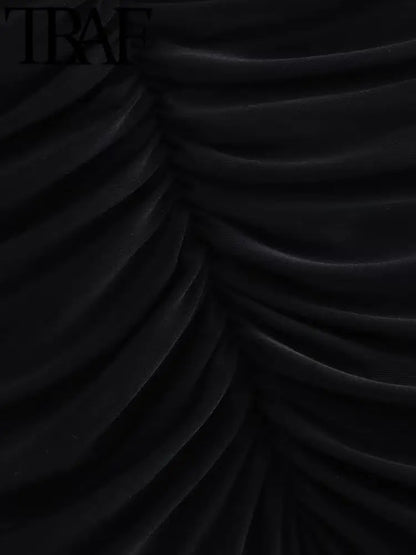 TRAF Sexy Elastic Knitted Women Black Dress 2023 Summer Ruched V Neck Sleeveless Backless Bodycon Female Midi Dresses Y2K