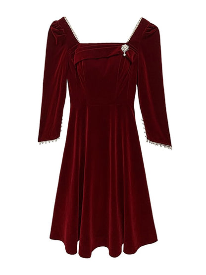 Red Velvet Beading Dress Women