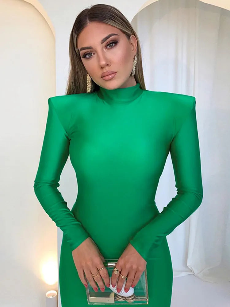 Solid Long Sleeve With Shoulder Pads Dress