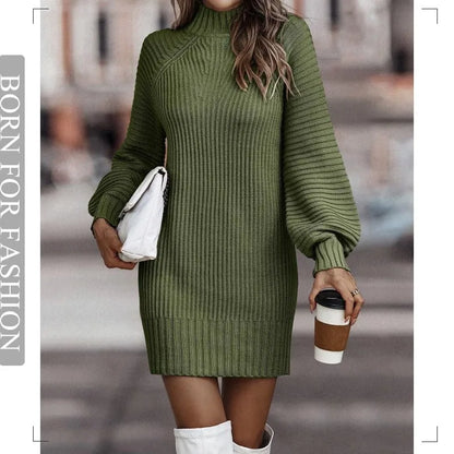 Vintage Winter Knitted Dress Ladies Chic Turtleneck Lantern Long Sleeve Mini Sweater Dresses for Women New Arrival 2023 Clothes