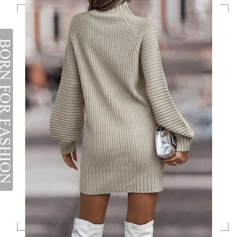 Vintage Winter Knitted Dress Ladies Chic Turtleneck Lantern Long Sleeve Mini Sweater Dresses for Women New Arrival 2023 Clothes