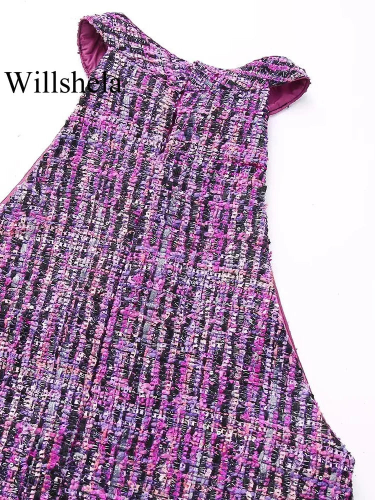 Willshela Women Fashion Purple Texture Mini Dress Vintage Halter Neck Sleeveless Female Chic Lady Dresses