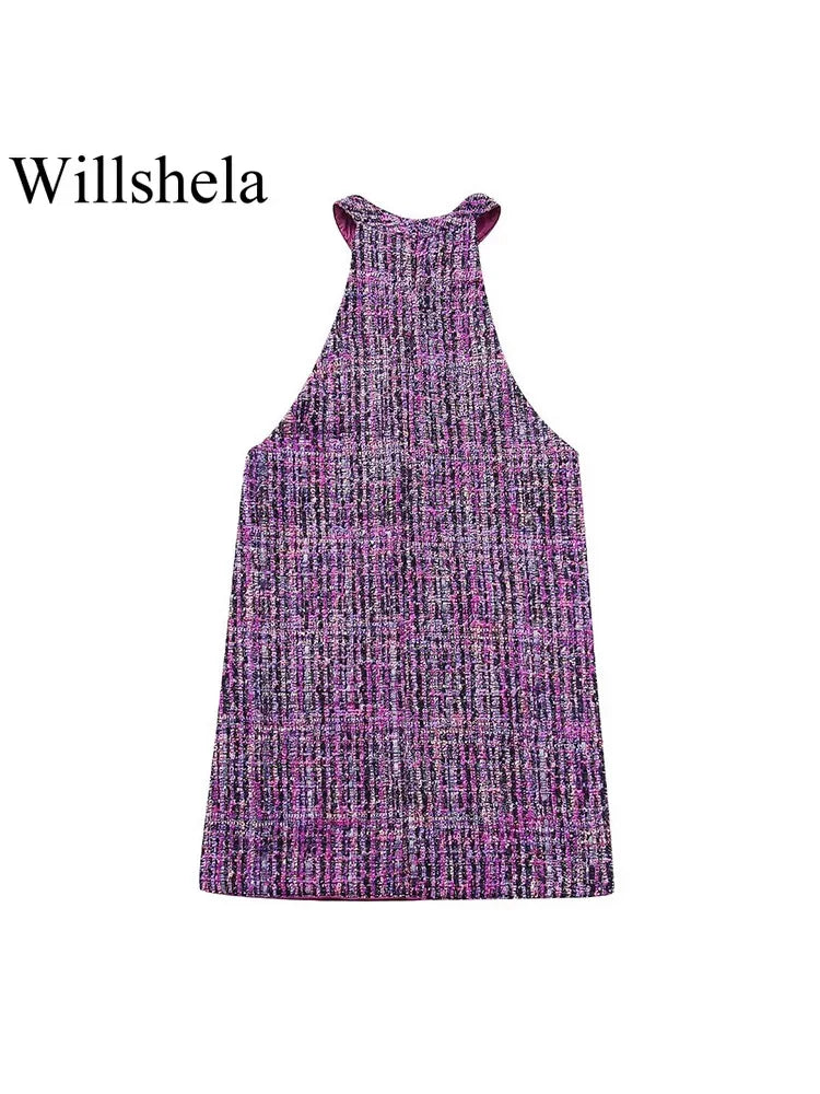 Willshela Women Fashion Purple Texture Mini Dress Vintage Halter Neck Sleeveless Female Chic Lady Dresses