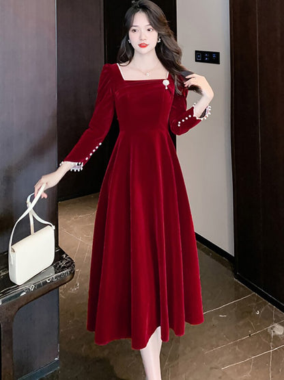 Red Velvet Beading Dress Women