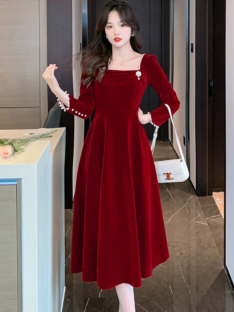 Red Velvet Beading Dress Women