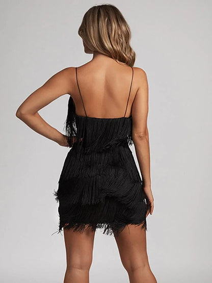 Women Sexy Deep V-Neck Spaghetti Straps Fringe Bodycon Mini Dress Tassels 1920s Gatsby Cocktail Latin Club Party Dresses