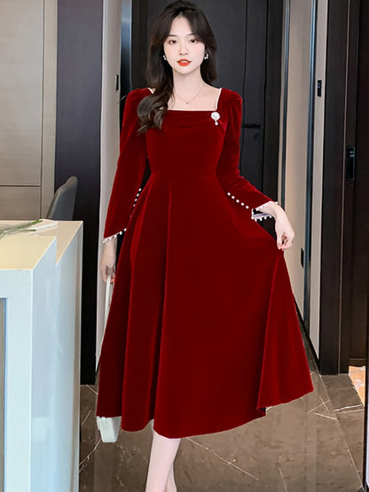 Red Velvet Beading Dress Women