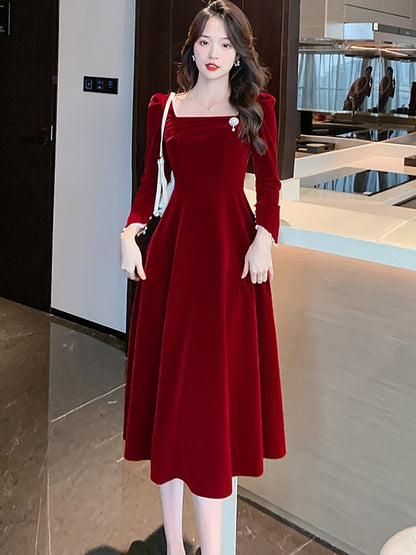 Red Velvet Beading Dress Women