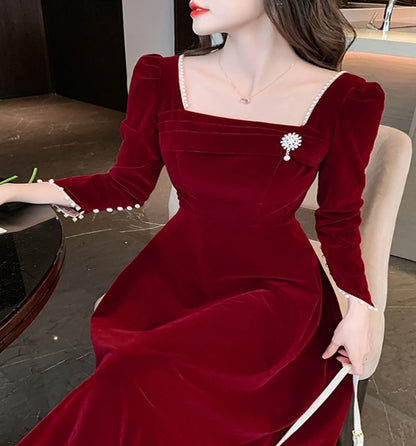 Red Velvet Beading Dress Women