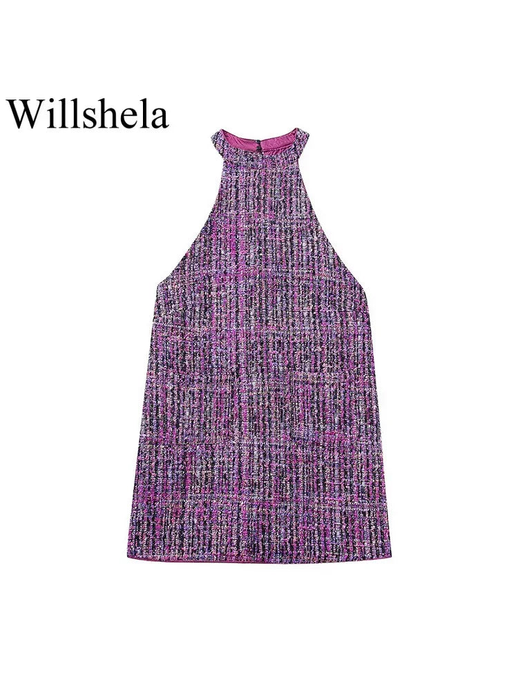 Willshela Women Fashion Purple Texture Mini Dress Vintage Halter Neck Sleeveless Female Chic Lady Dresses