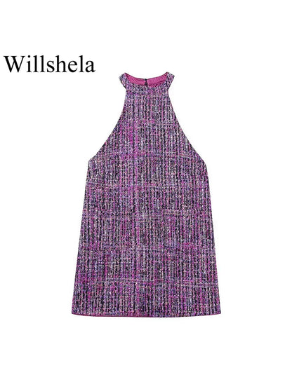 Willshela Women Fashion Purple Texture Mini Dress Vintage Halter Neck Sleeveless Female Chic Lady Dresses