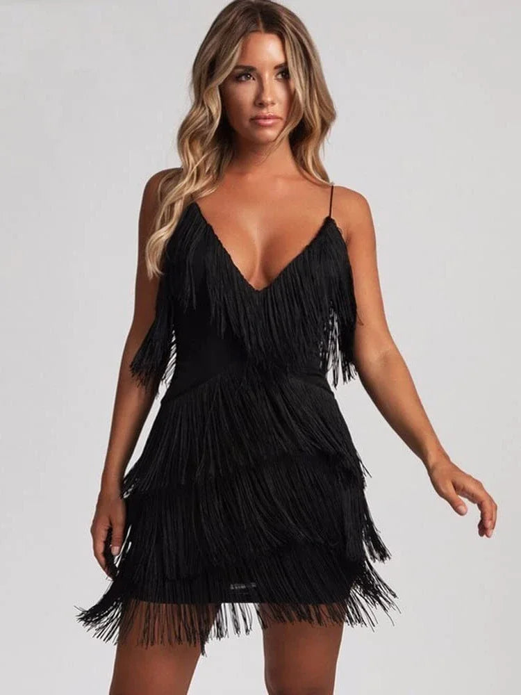 Women Sexy Deep V-Neck Spaghetti Straps Fringe Bodycon Mini Dress Tassels 1920s Gatsby Cocktail Latin Club Party Dresses